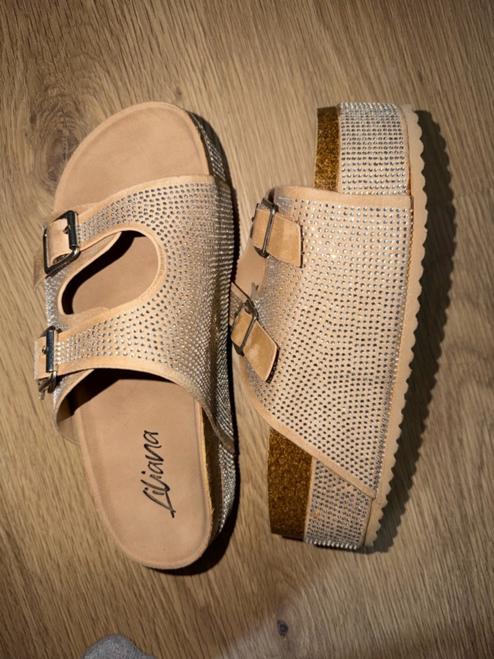 Liliana Champagne Rhinestone Double-Buckle Platform Mules